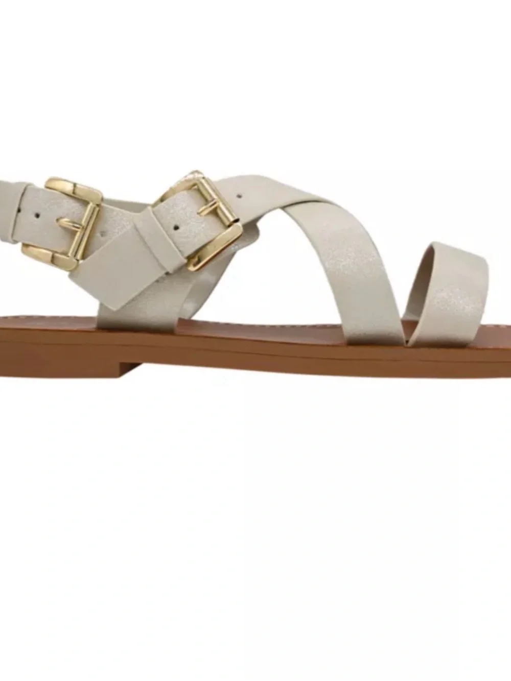 Lena Metallic Cream Crisscross Flat Sandal with Gold Buckles